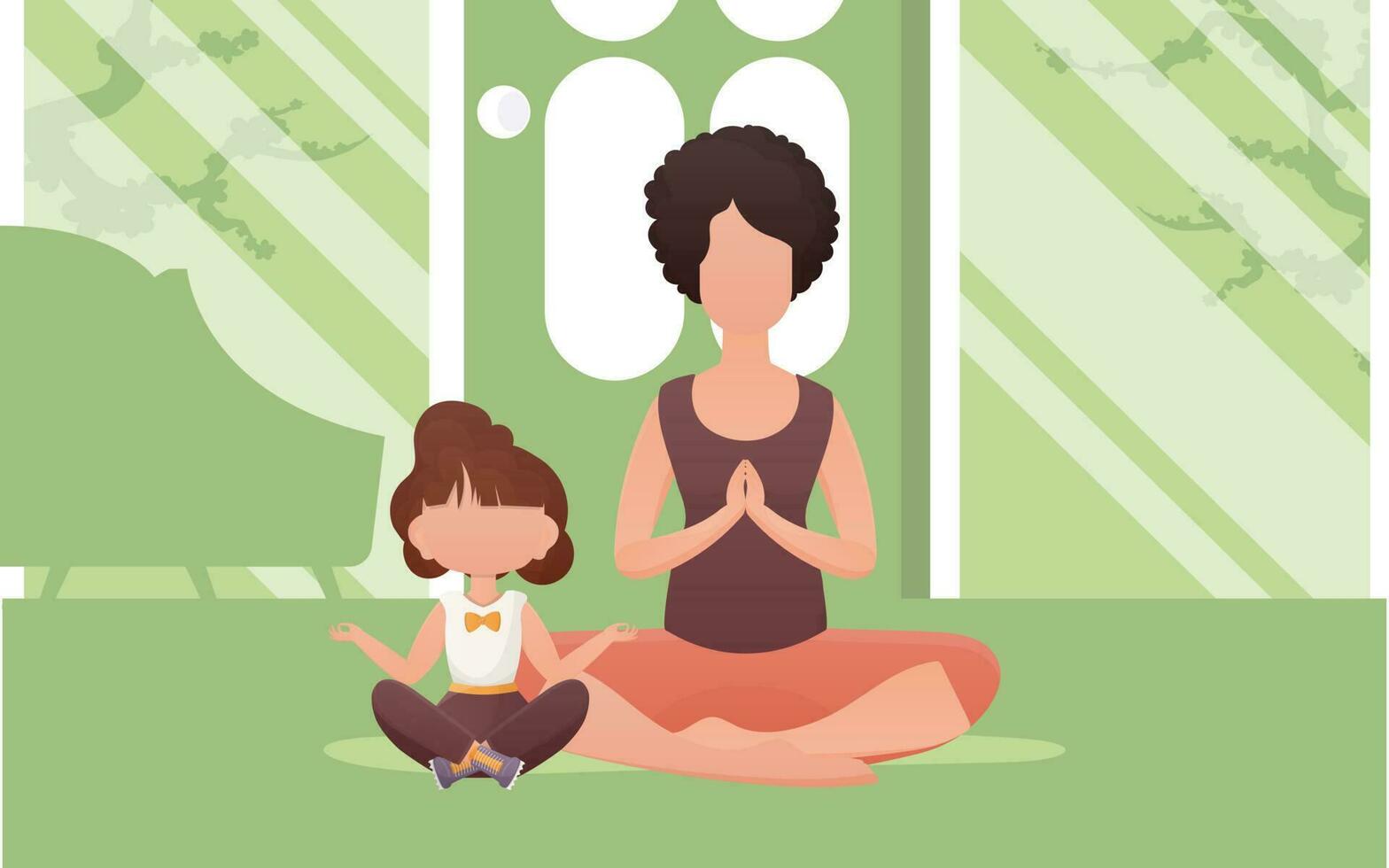 Mom and daughter sit in the lotus position. Cartoon style. Meditation and concentration concept. Vector. vector
