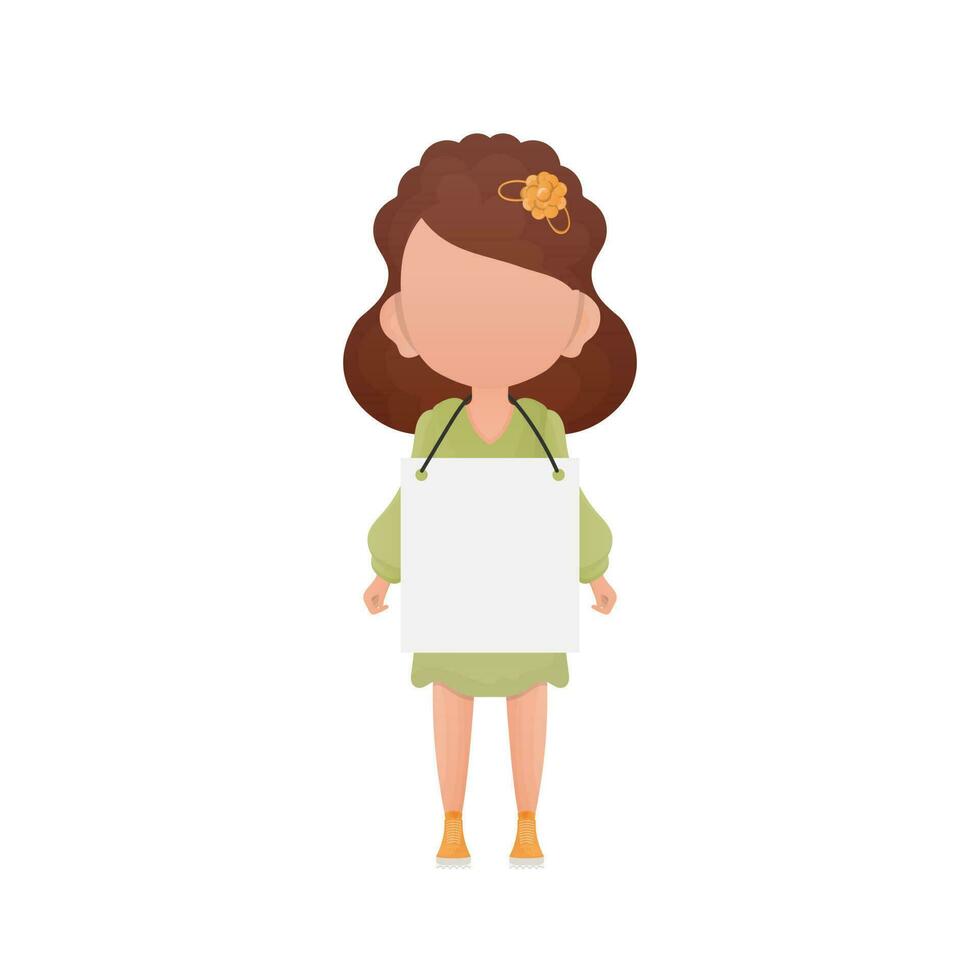 A little girl with a blank white banner and space for your text. Cartoon style. Vector illustration.