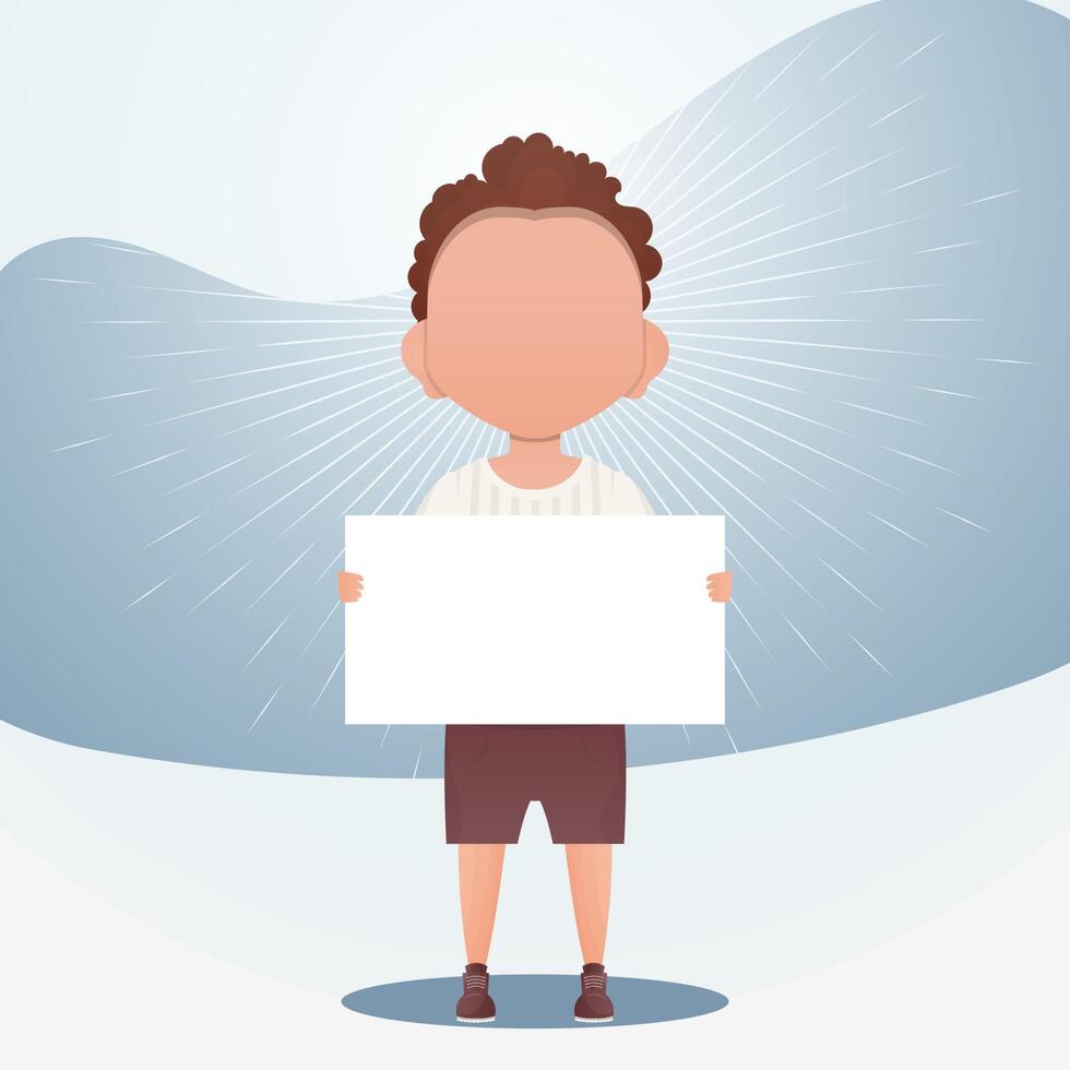 Cute little baby boy holding a blank sign. Place for your text. Vector illustration in cartoon style.