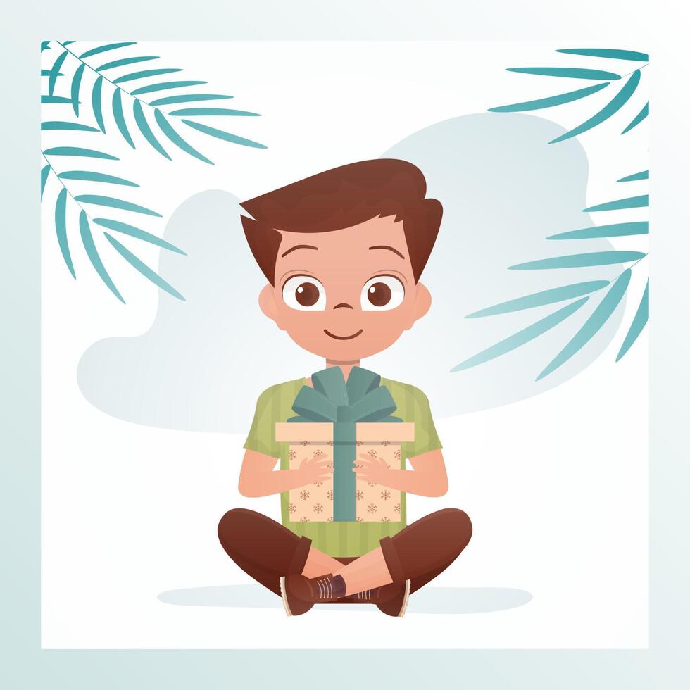 Joyful child boy sits in a lotus position and holds a gift with a bow in his hands. Holidays theme. Cartoon style. Vector illustration.
