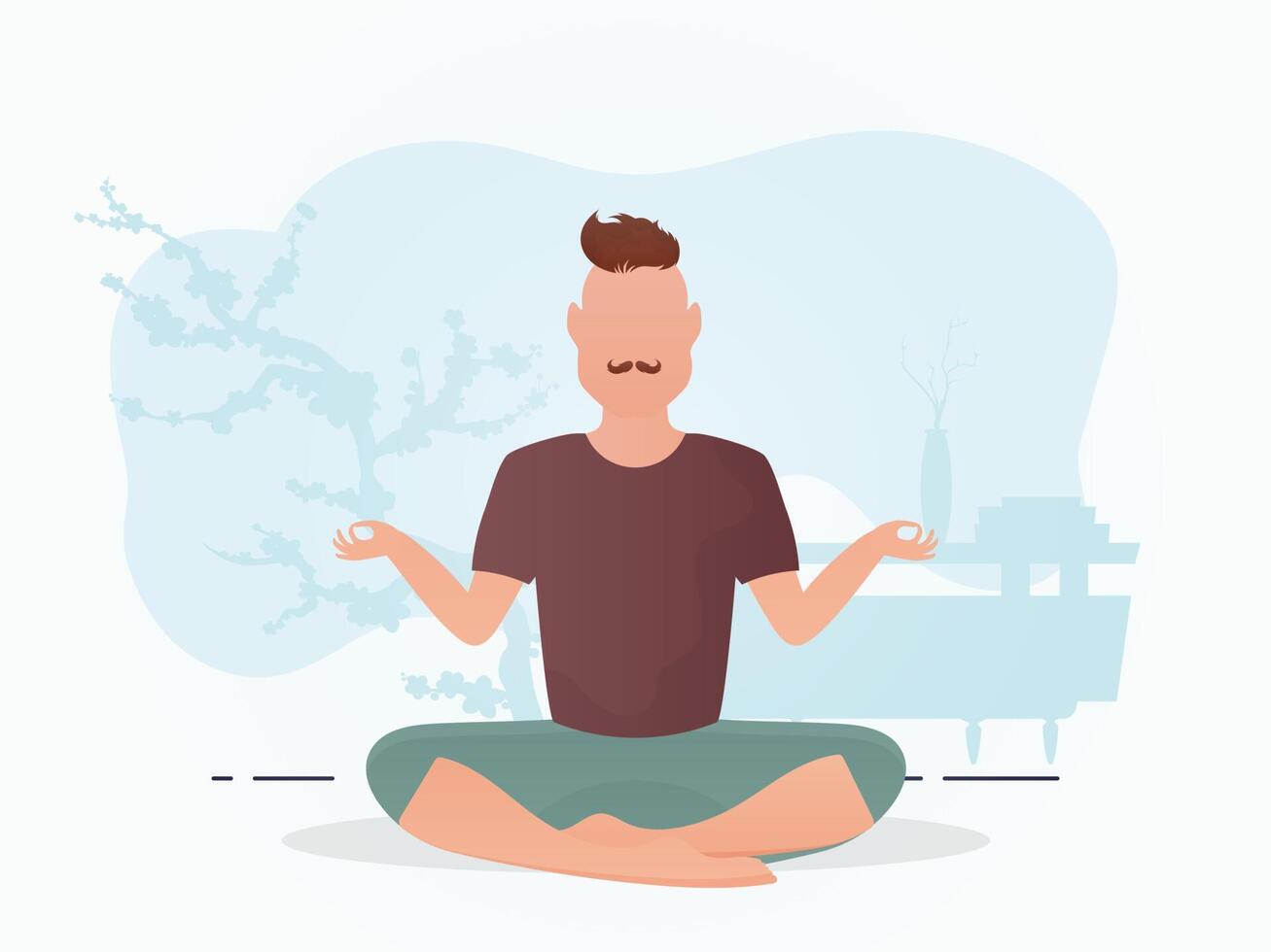 The guy of a strong physique sits is engaged in meditation. Meditation. Cartoon style. vector