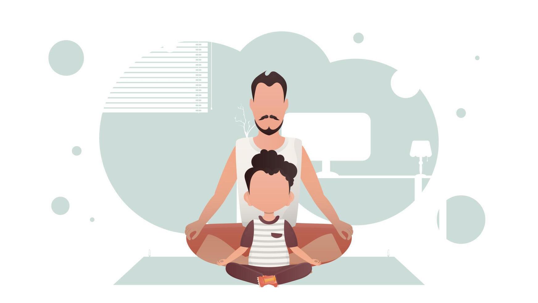 A strong man and an adorable kid are sitting and doing yoga in the room. Yoga. Cartoon style. vector
