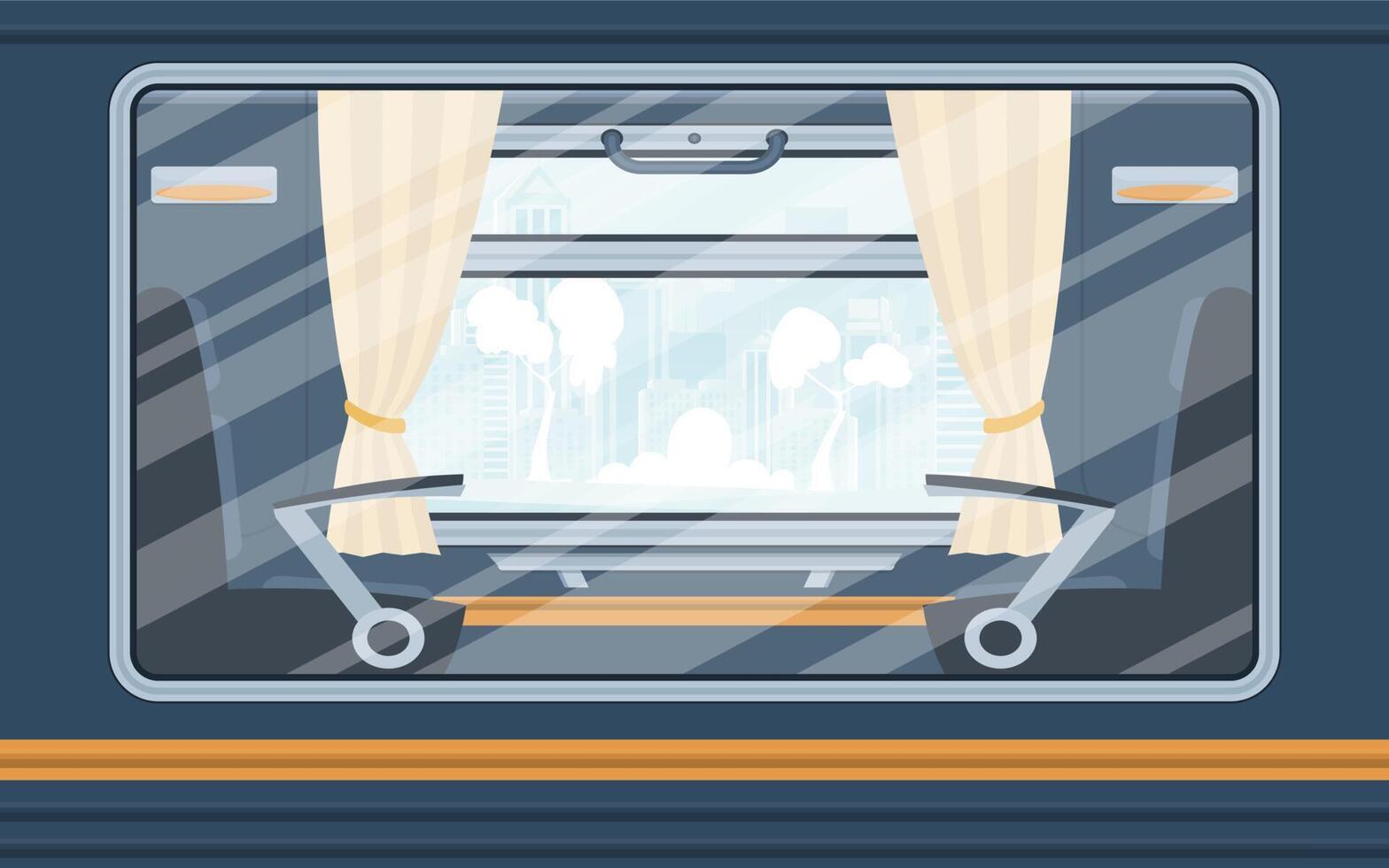 Windows of an empty commuter train. Rail transport is shown outside. Cartoon style. Flat style. vector