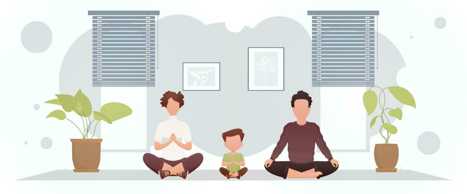A strong build guy with a beautiful girl and a cute little boy are doing yoga in the room. Yoga. Cartoon style. vector