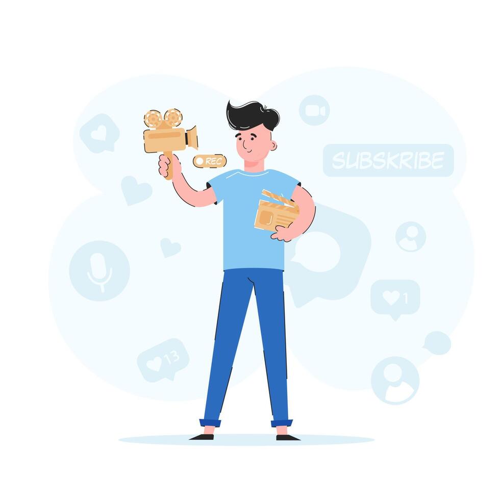 The guy holds a camera and a movie clapperboard in his hands. Blogging concept. Trendy vector