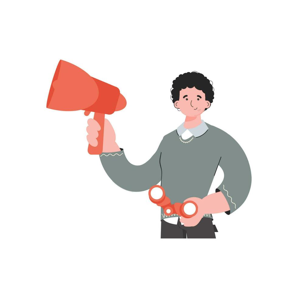 A man stands waist-deep and holds a loudspeaker in his hands. Isolated. Element for presentations, sites. vector