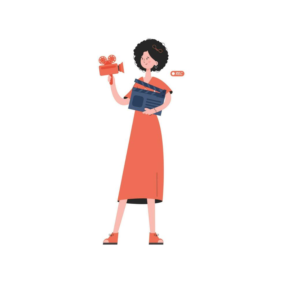 un mujer soportes a su lleno altura y sostiene un claqueta en su manos. aislado. elemento para presentaciones, sitios vector
