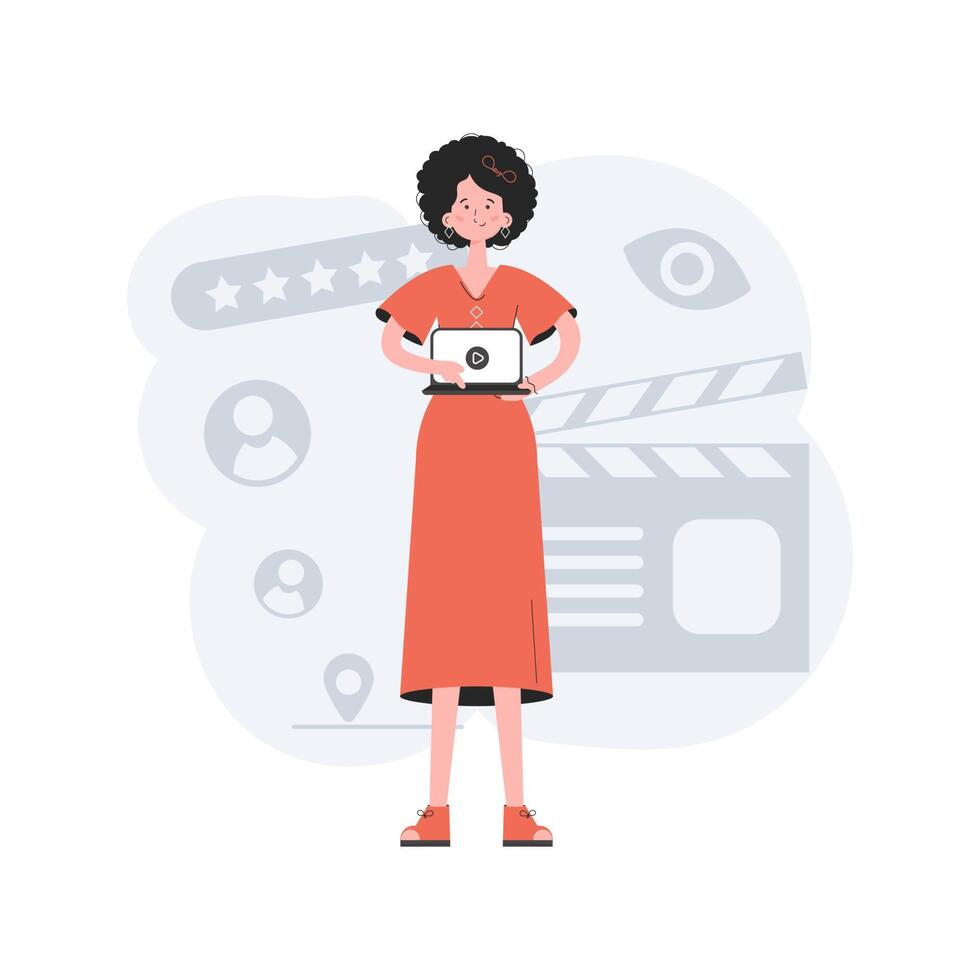 A woman is standing in full growth holding a computer in her hands. Video presentation. Element for presentations, sites. vector
