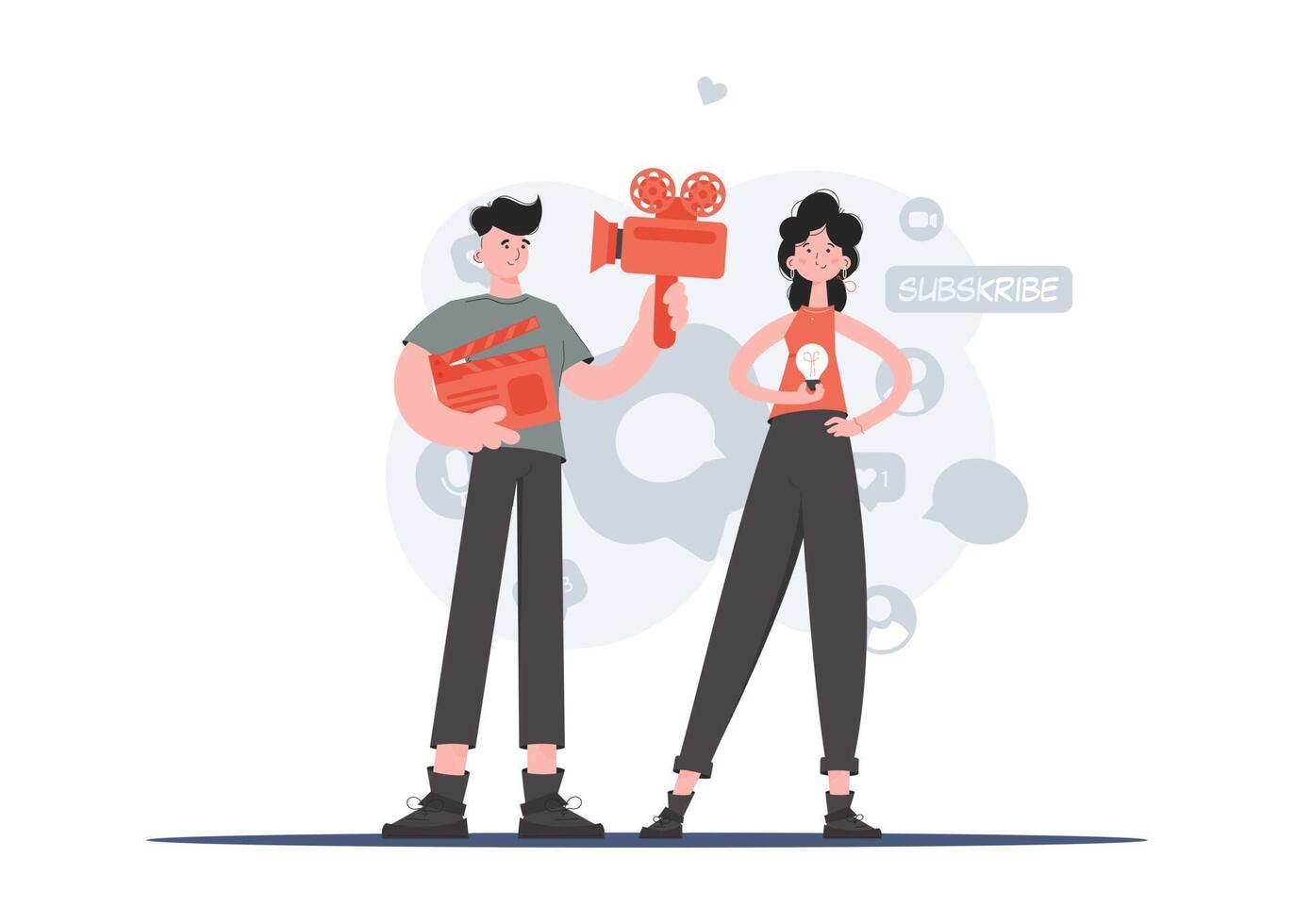 A man and a woman stand to their full height and hold a movie clapperboard, a video camera and a light bulb. Idea. Element for presentations, sites. vector