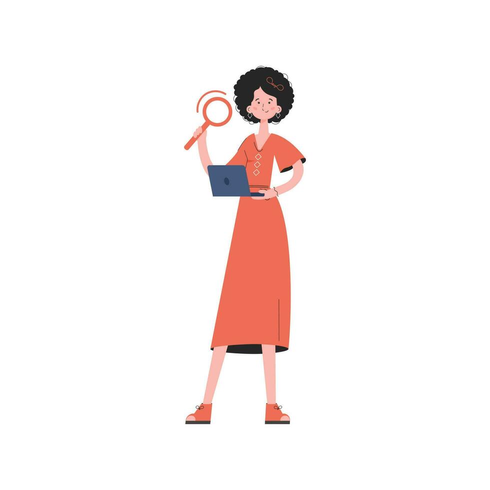 The girl stands in full growth holding a computer and a magnifying glass in her hands. Isolated. Element for presentations, sites. vector