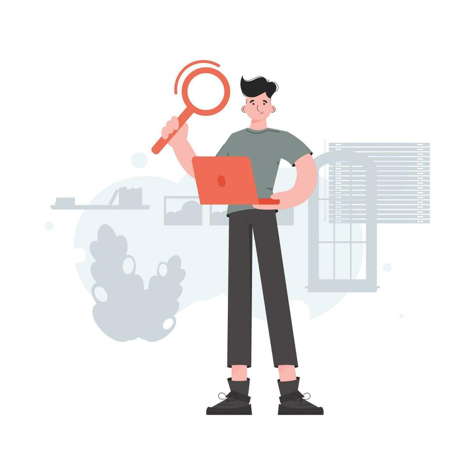 The guy is standing in full growth holding a magnifying glass. Search. Element for presentations, sites. vector