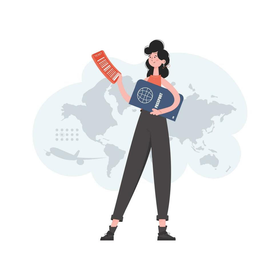 A woman stands in full growth holding a passport. Travel. Element for presentations, sites. vector