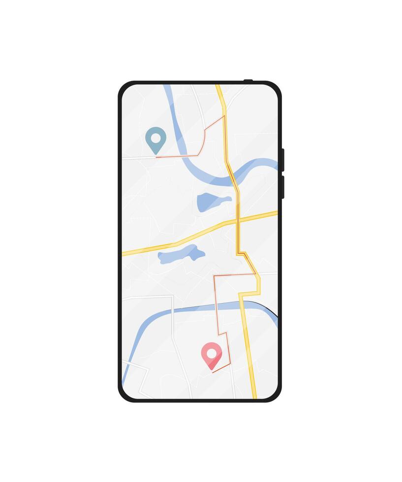 Mobile phone with digital GPS Navigation. Map with point. Mobile GPS Navigation app on touch screen smartphone for websites, banners. vector