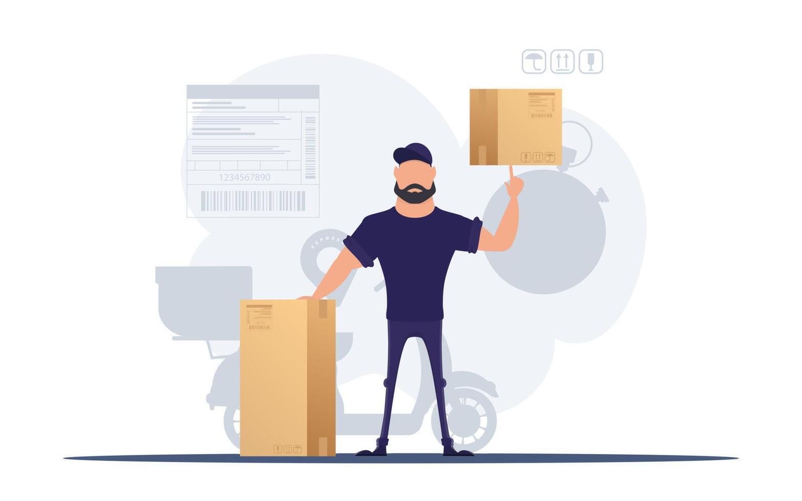 Man with a box. Delivery concept. Good for presentations, websites and apps. Vector. vector