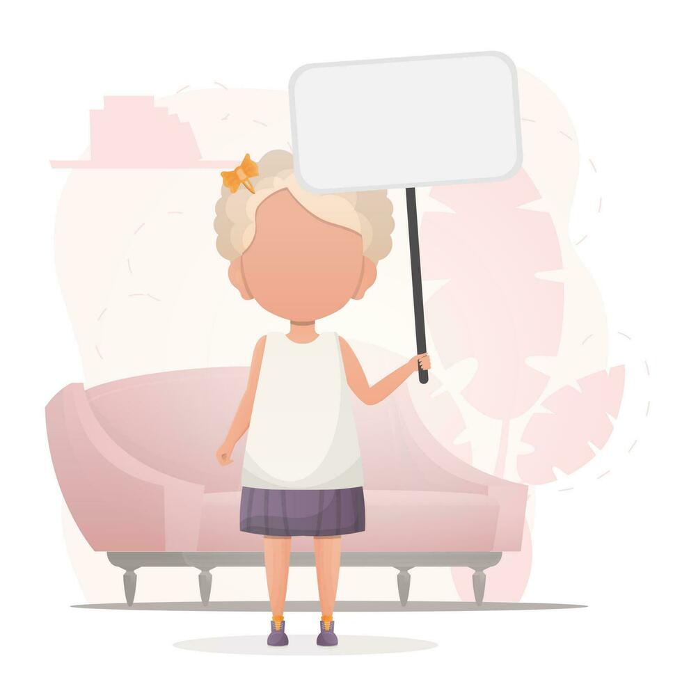 Cute little girl with a blank poster for your text. Design in cartoon style. Vector illustration.