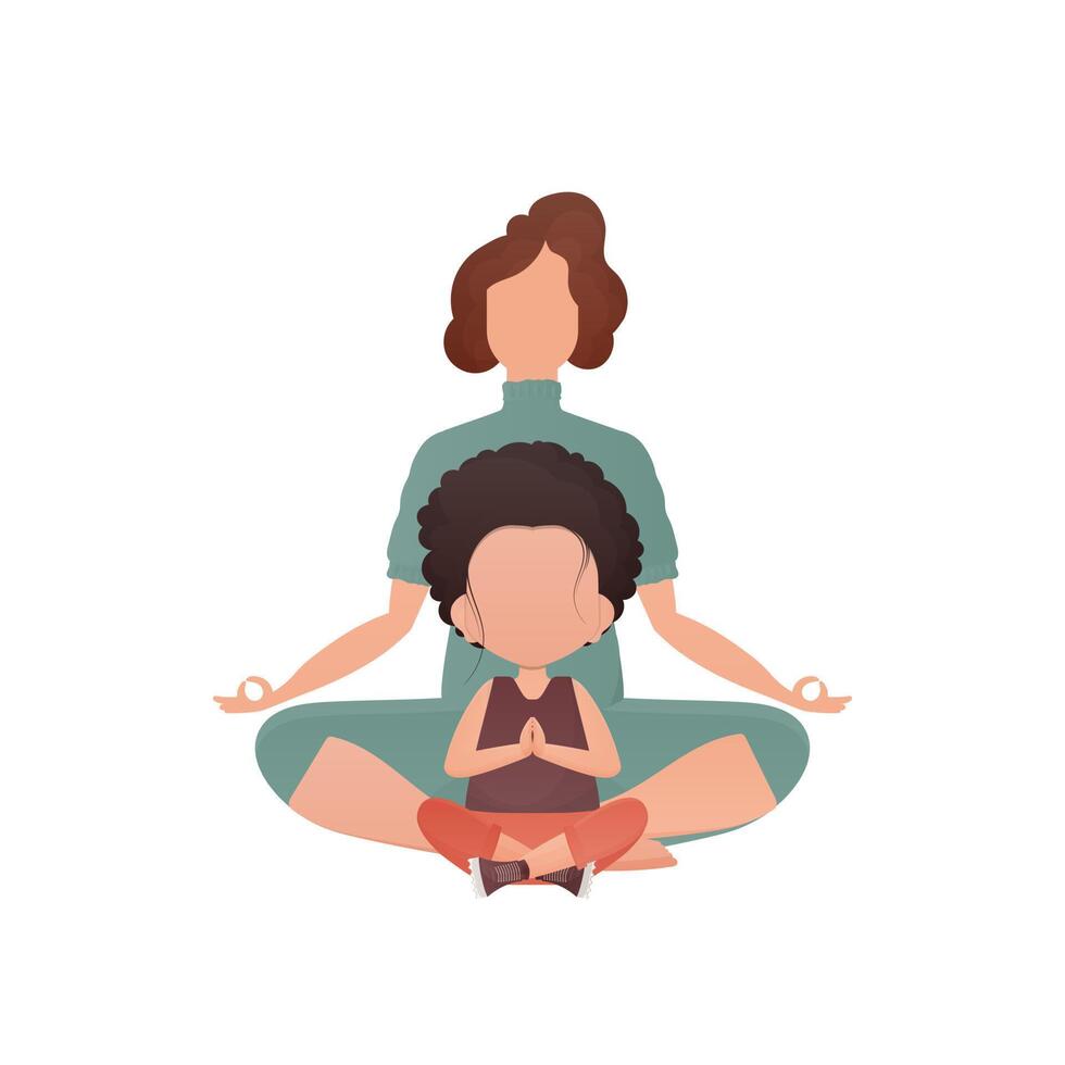 Mom and daughter are meditating. Cartoon style. Isolated on white background. . vector