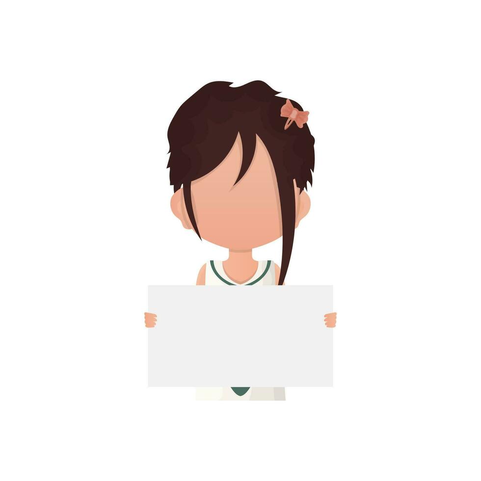 Little child girl holding a blank poster in her hands. Isolated. Flat style. vector