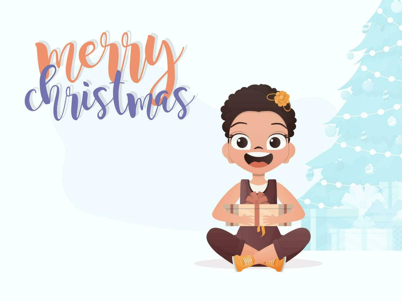 A little girl is holding a gift box in her hands. Merry christmas postcard. Cartoon style. vector