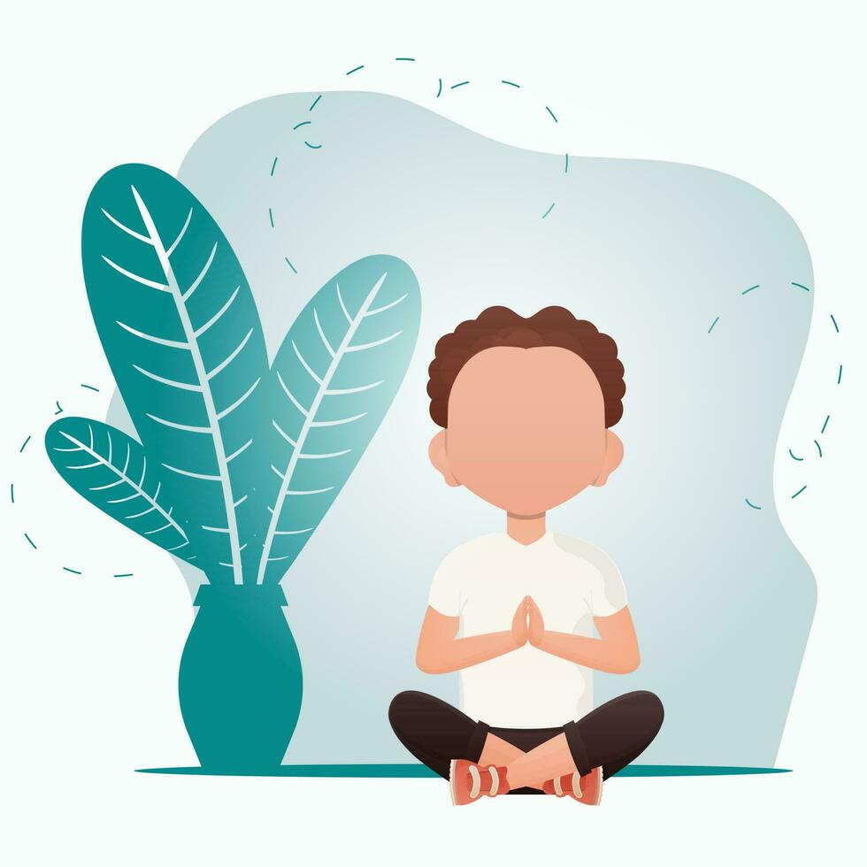 A cute preschool boy is meditating in the room. Healthy life concept. Cartoon style. Vector illustration.