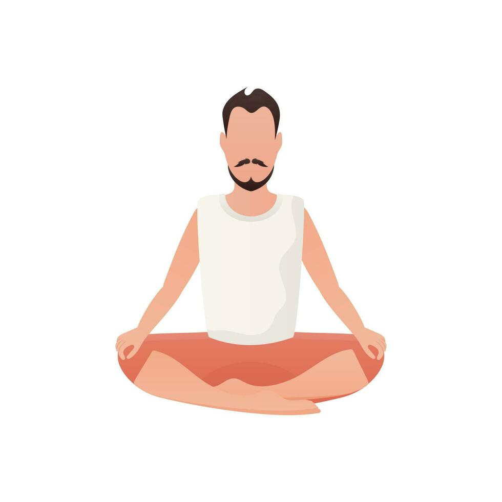 A man is sitting and doing yoga. Isolated. Cartoon style. vector
