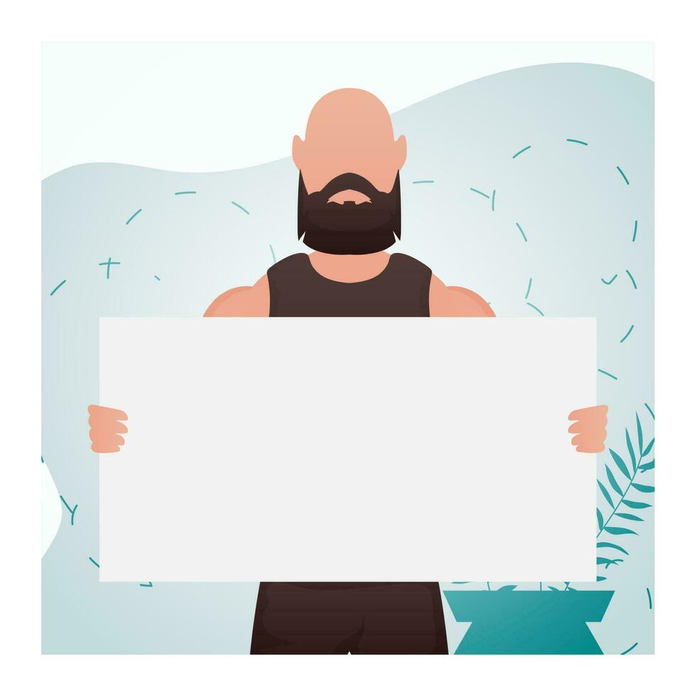 A man stands waist-deep and holds an empty sign in his hands. Rally. Cartoon style. vector