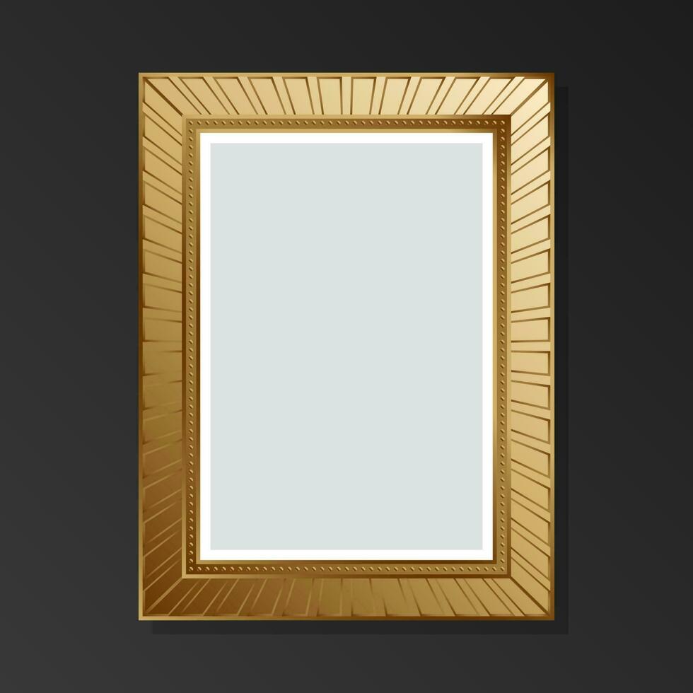 Golden blank retro picture frame on black background. Flat style. vector