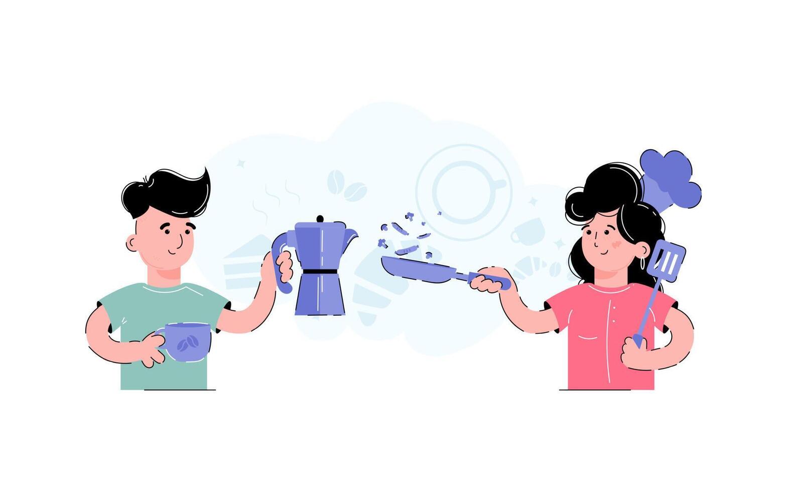 A boy and a girl are preparing a meal. In a restaurant or cafe, the notion of service. Websites, apps, and presentations benefit from it. vector