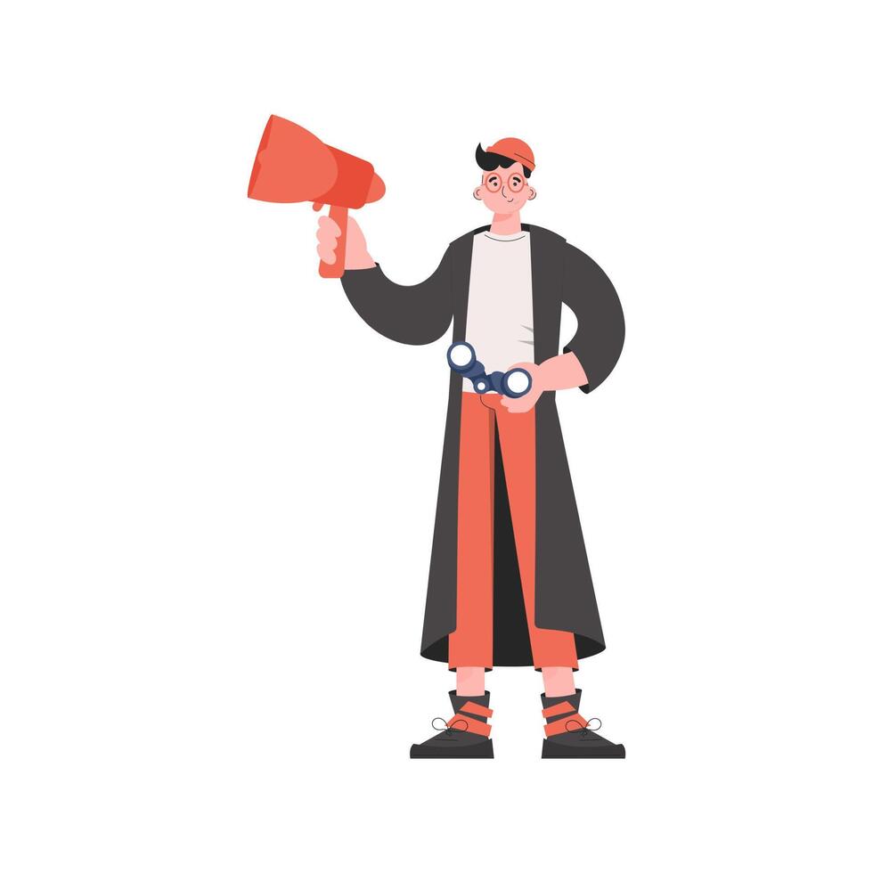 A man stands in full growth with binoculars. Isolated. Element for presentations, sites. vector