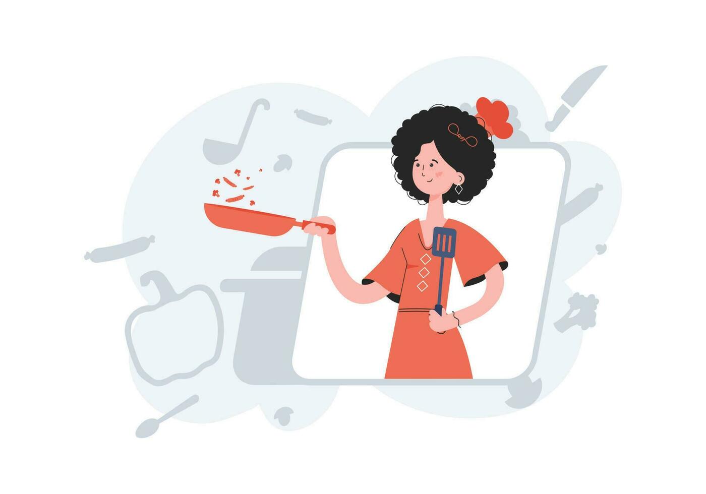 A woman stands waist-deep and holds a spatula in her hands. Cafe. Element for presentations, sites. vector