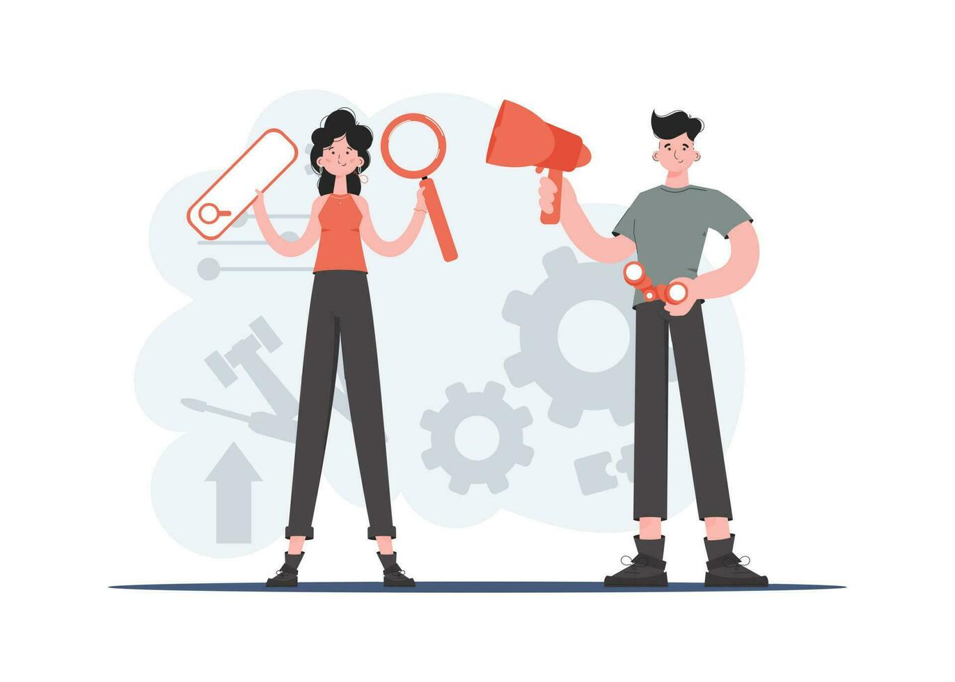 A man and a woman are standing in full growth holding a loudspeaker in their hands. Human resource. Element for presentations, sites. vector