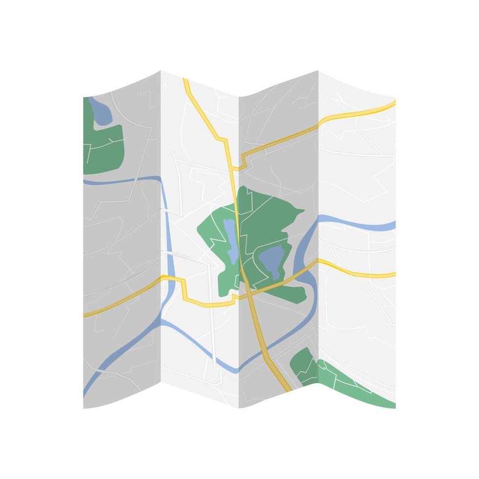 Paper map of the city. A city with a river, roads, parks and houses. Several times folded paper map. illustration isolated. vector