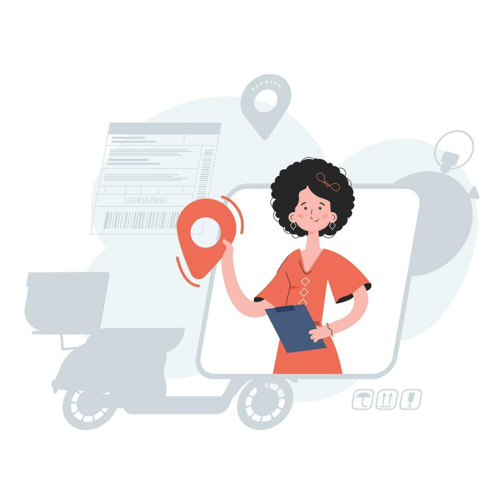 A woman stands waist-deep and holds a location icon in her hands. Delivery. Element for presentations, sites. vector