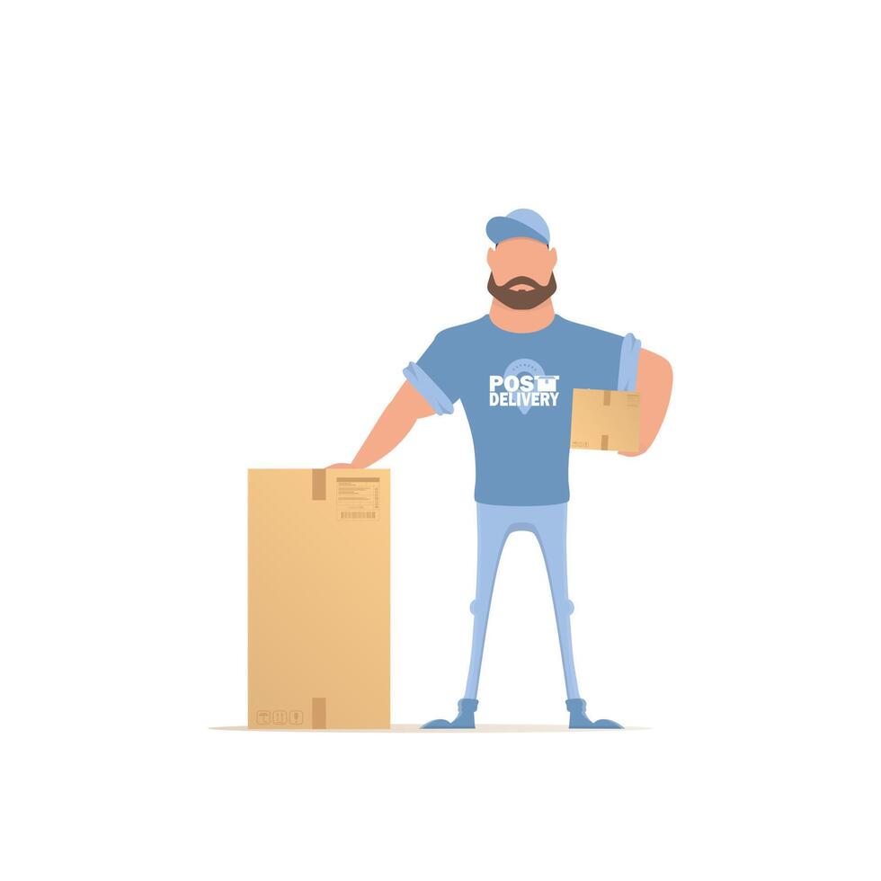 Postal courier holding a box. Cartoon style. illustration. Isolated on white backgtound. vector