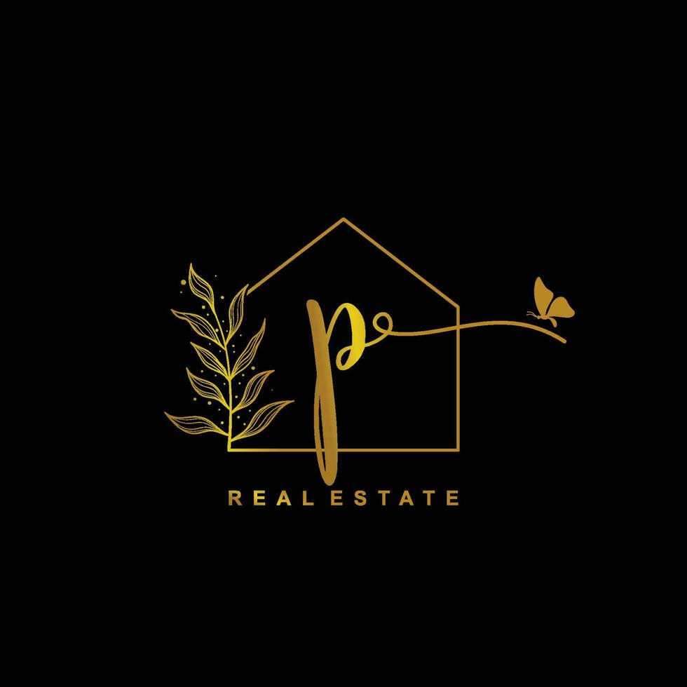 letter P handwritten Real estate logo concept. Feminine style Handwritten alphabet with floral in the logo template. Letters and Alphabet for your logo design. vector