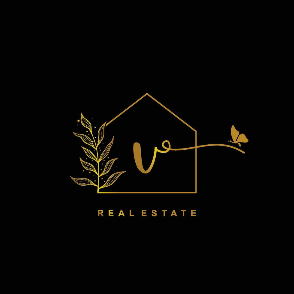 letter V handwritten Real estate logo concept. Feminine style Handwritten alphabet with floral in the logo template. Letters and Alphabet for your logo design. vector