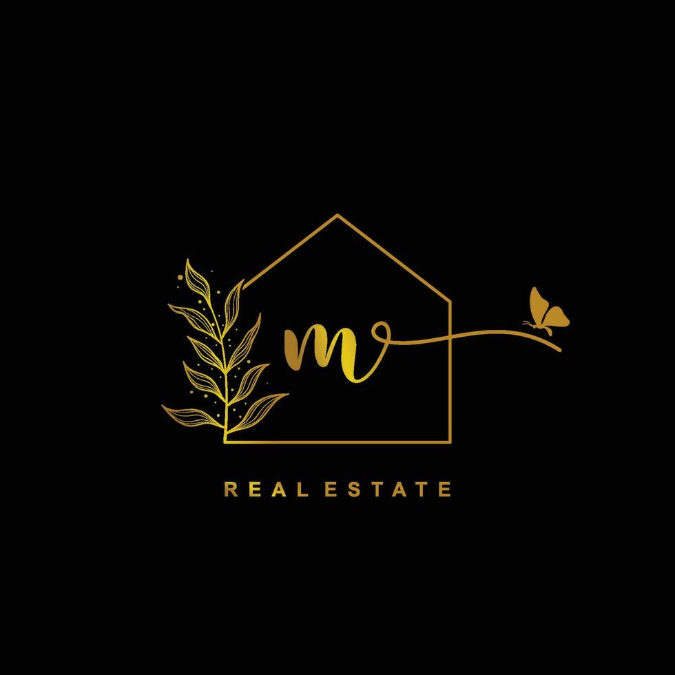 letter M handwritten Real estate logo concept. Feminine style Handwritten alphabet with floral in the logo template. Letters and Alphabet for your logo design. vector