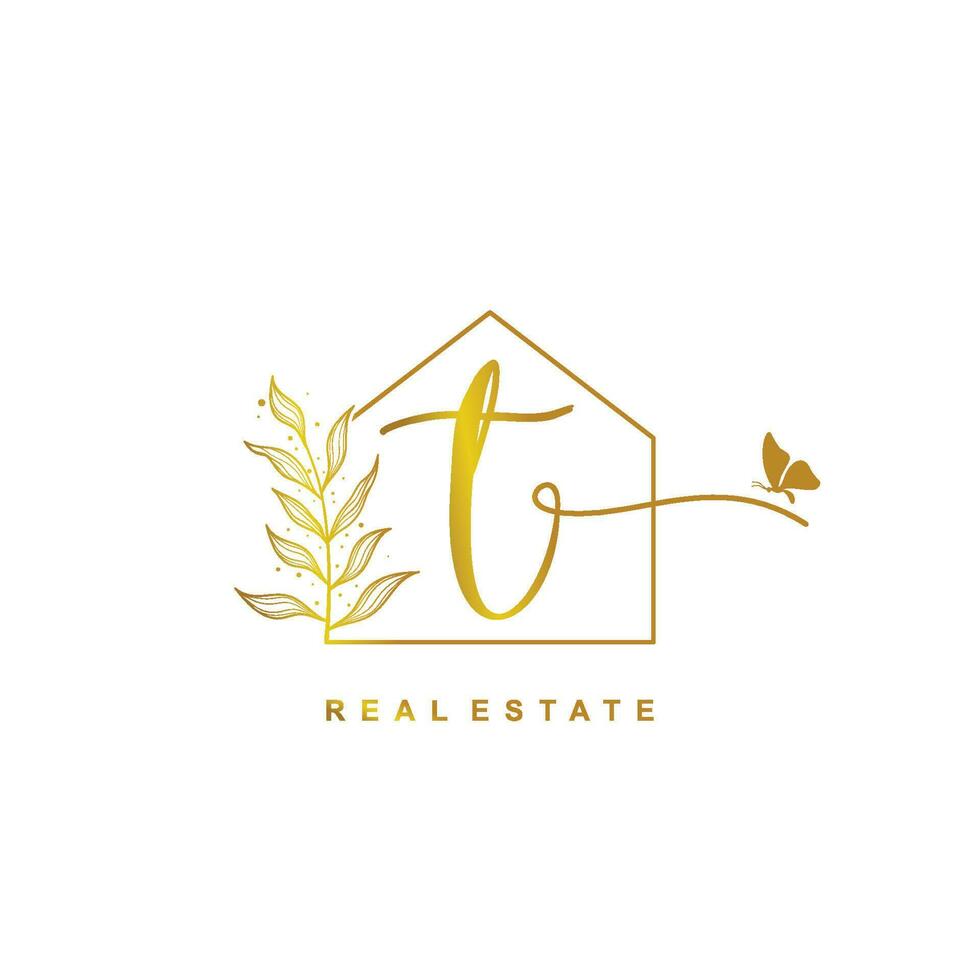 letter T handwritten Real estate logo concept. Feminine style Handwritten alphabet with floral in the logo template. Letters and Alphabet for your logo design. vector