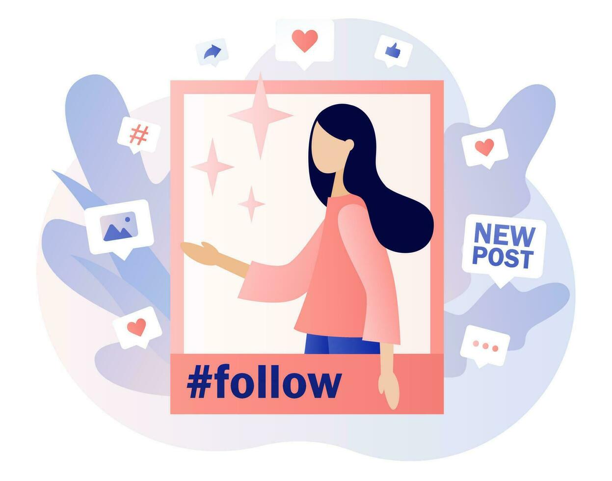 Blog concept. Blogger publishes new post and photo content for social media networks. Hashtag follow. Influencer marketing. SMM. Modern flat cartoon style. Vector illustration on white background