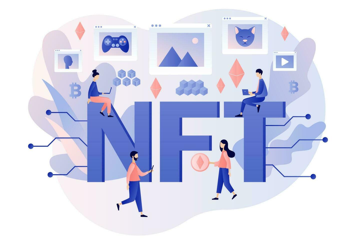 ntf - grande texto. no fungible simbólico. minúsculo personas invertir en cripto arte, juego, video. en línea galería nft Arte. Internet mercado y blockchain tecnología. moderno plano dibujos animados estilo. vector