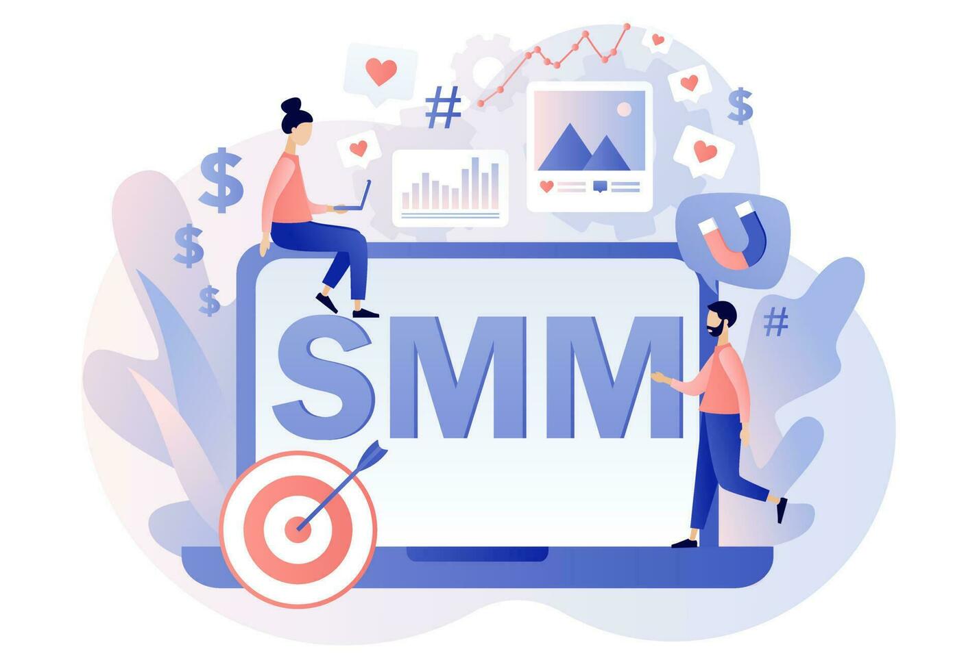 SMM - text on laptop screen. Tiny people work social media managers. Digital marketing, online advertising. SMM course or school. Modern flat cartoon style. Vector illustration on white background