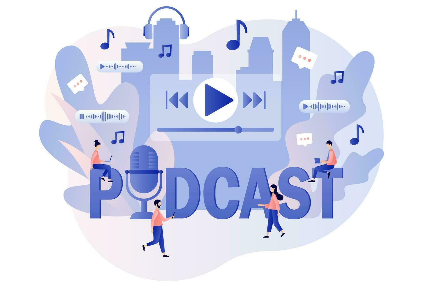 Podcast - big text. Tiny people listening audio. Podcaster speaking in microphone. Online training, radio show or audio blog. Modern flat cartoon style. Vector illustration on white background