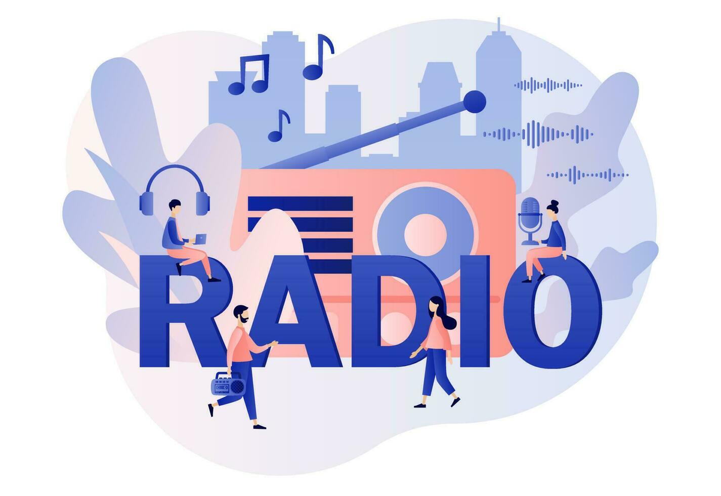 Radio - big text. Tiny people listening boombox On-air, audio, music, talk show, interviews of guest online. Retro old radio. Modern flat cartoon style. Vector illustration on white background