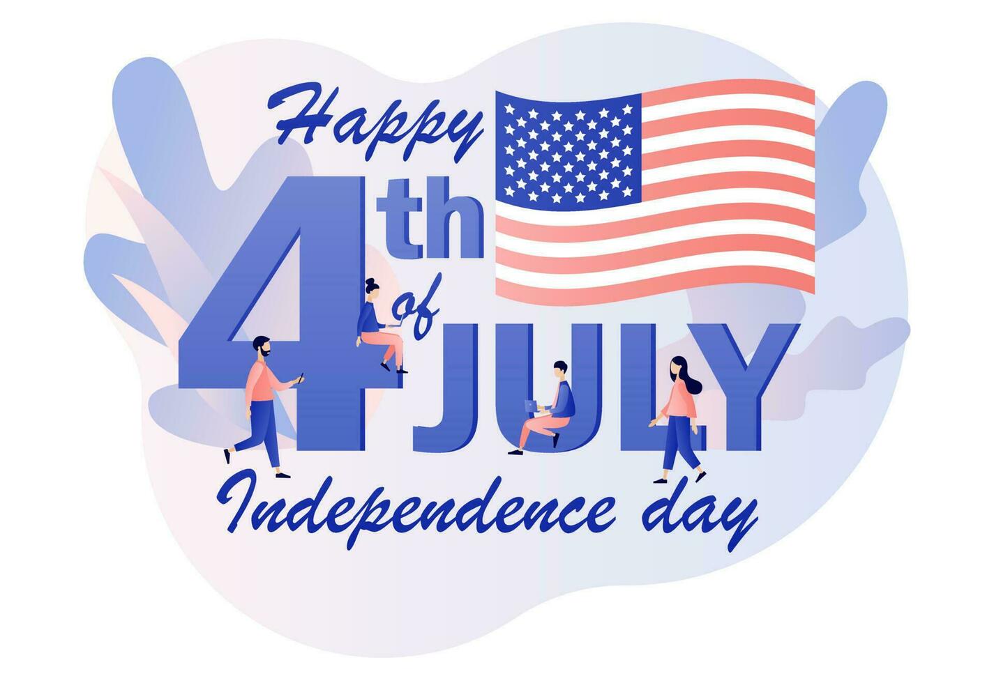 Happy 4th of July - big text. Fourth of July. Tiny people celebrate United States Of America Independence Day. Modern flat cartoon style. Vector illustration on white background
