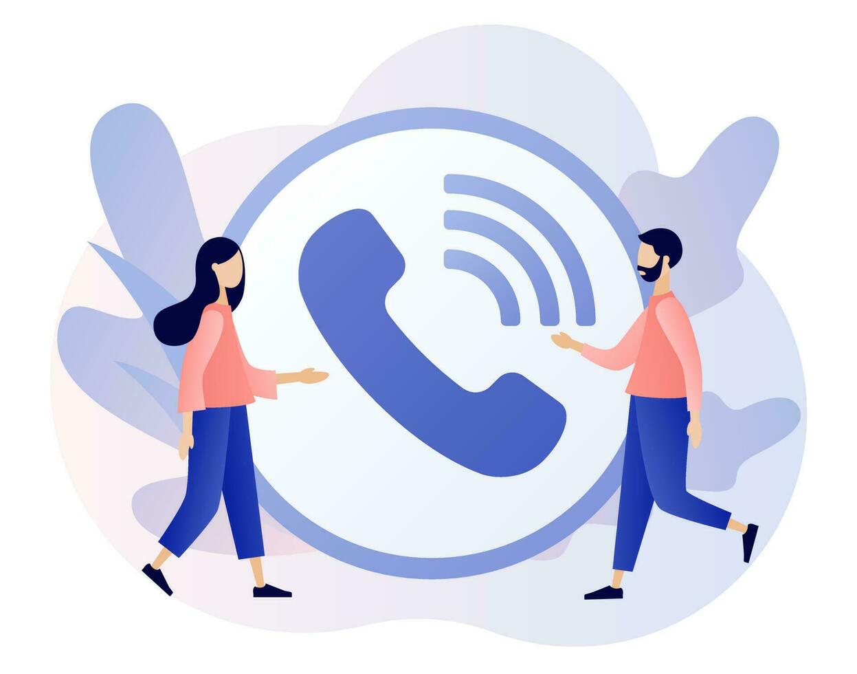 Phone Call. Big Accept Button. Tiny people receive incoming call. Communication concept. Modern flat cartoon style. Vector illustration on white background