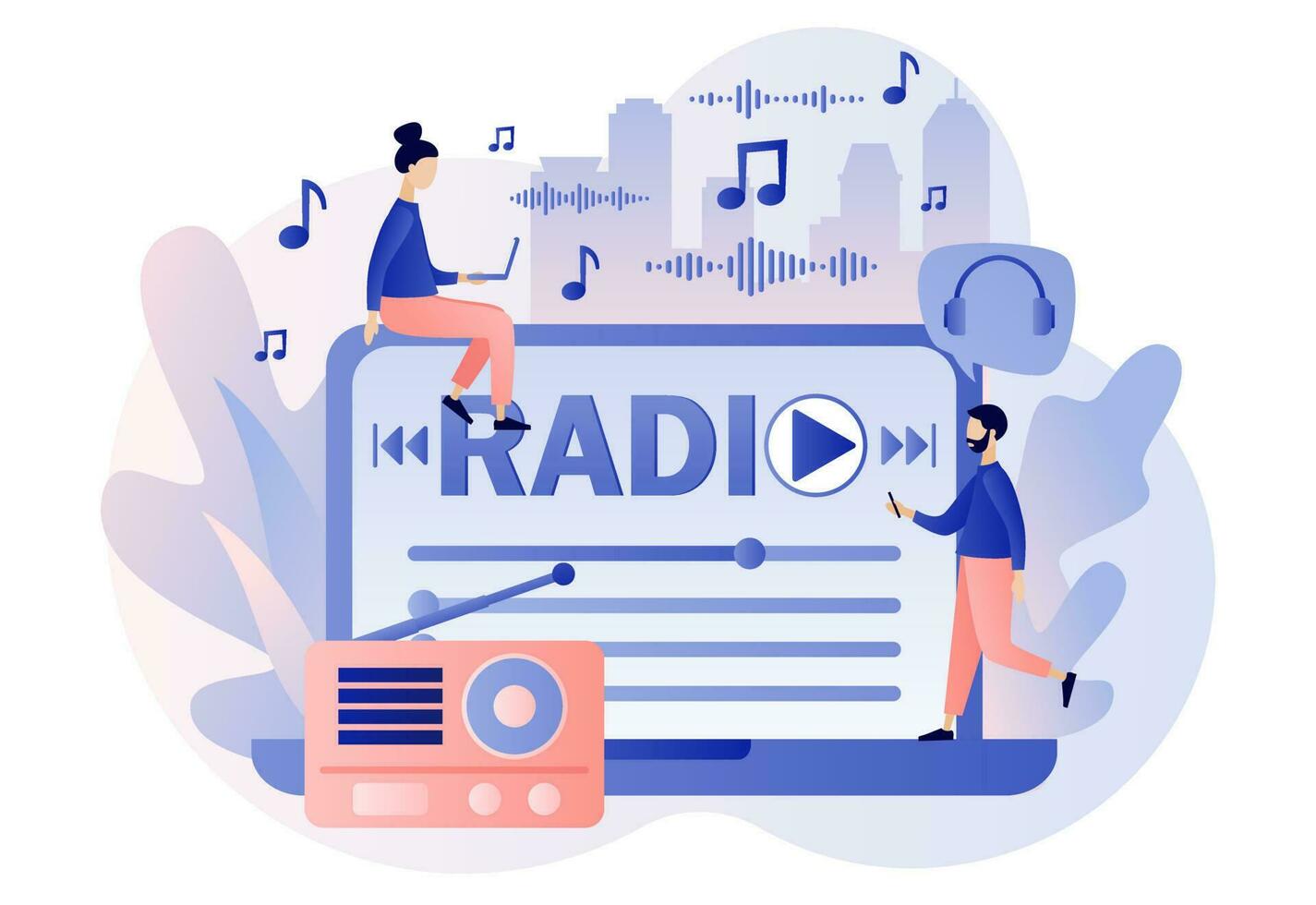 Radio On-air on laptop. Tiny people listening boombox, audio, music, talk show, interviews of guest online. Retro old radio. Modern flat cartoon style. Vector illustration on white background