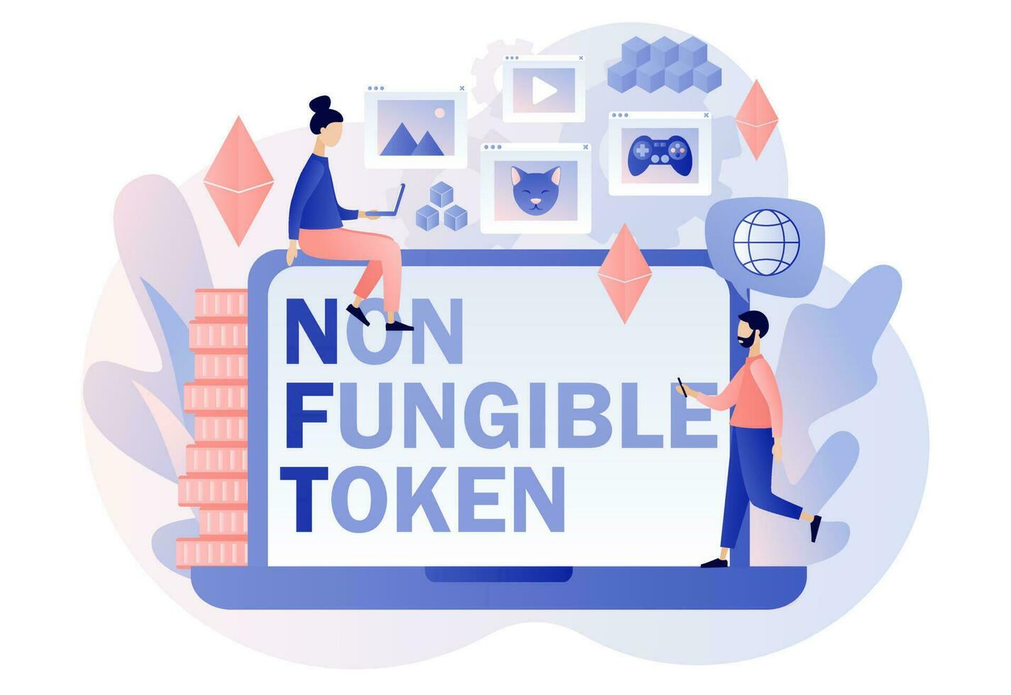Non-fungible token- text on laptop screen. Tiny people investing in Crypto art, game, video. Online gallery NFT art. Internet marketplace and blockchain technology. Modern flat cartoon style. Vector