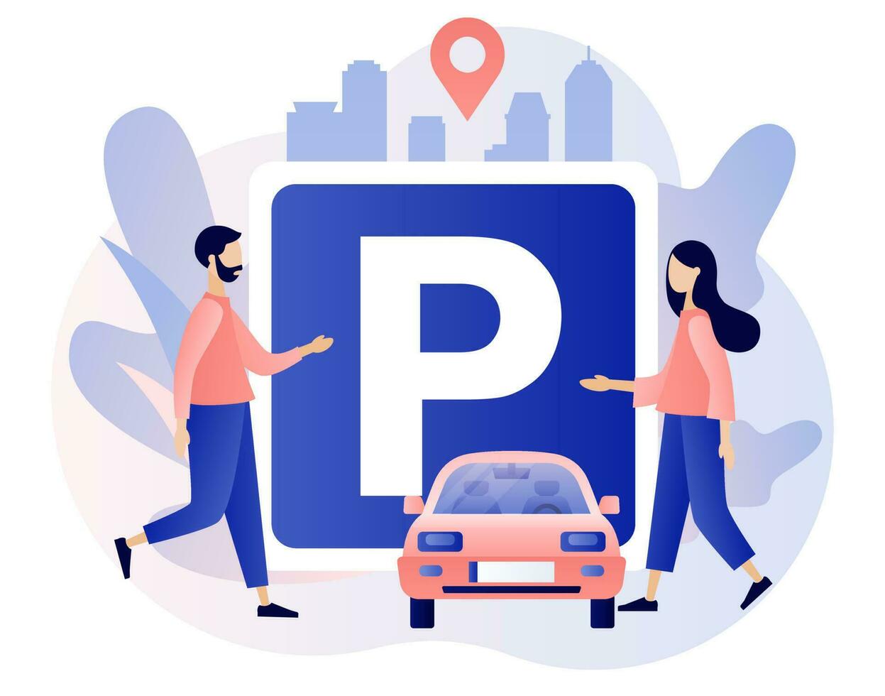 Parking big road sign. Public carpark. Urban transport. Tiny people