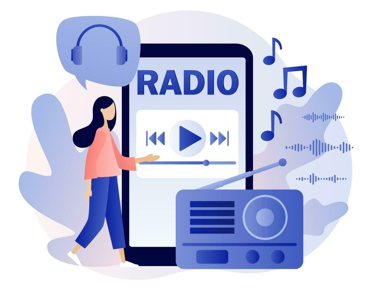 Radio On-air in smartphone app. Tiny people listening boombox, audio, music, talk show, interviews of guest online. Retro old radio. Modern flat cartoon style. Vector illustration on white background