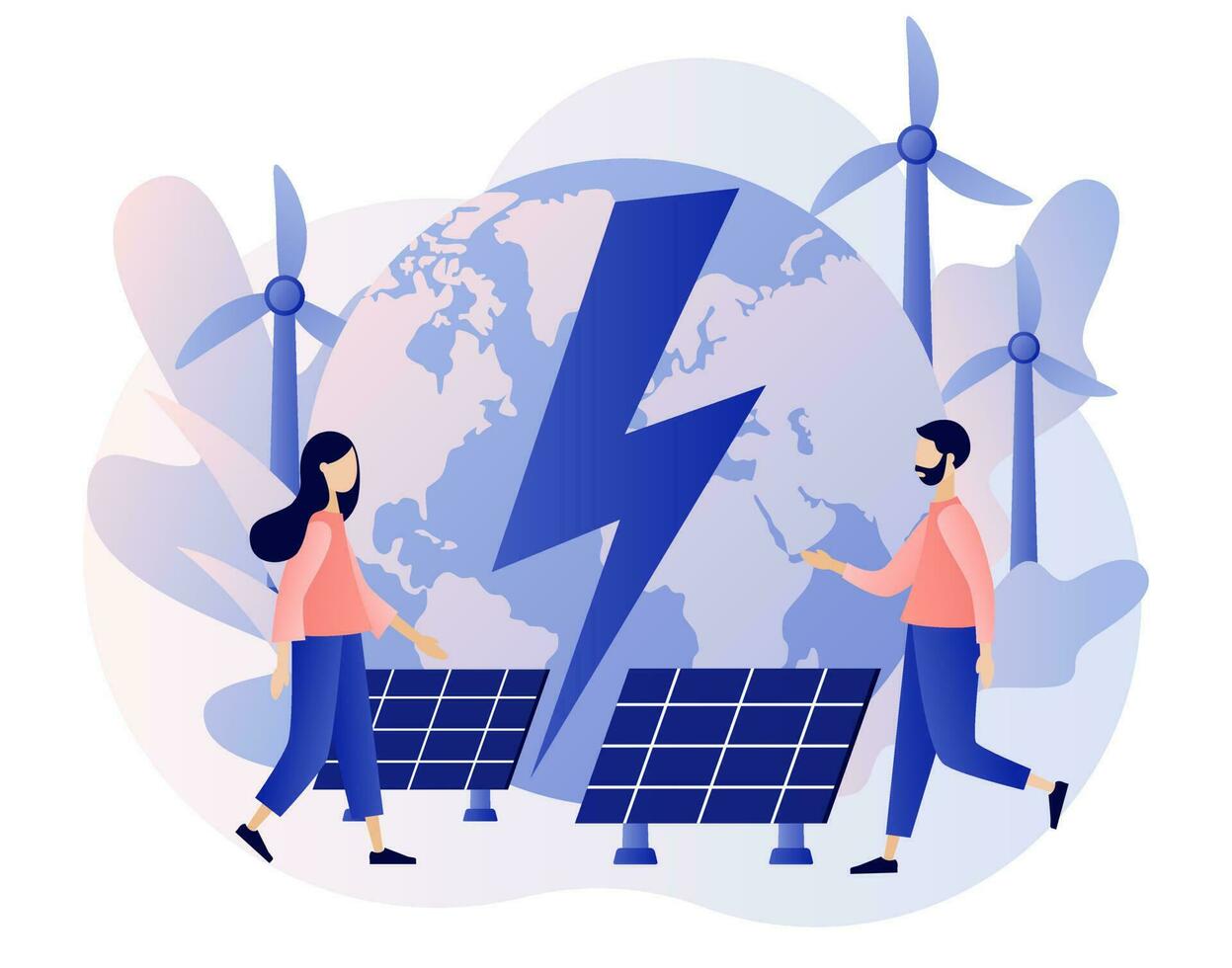 renovable energía. global eco industria. minúsculo personas en poder planta con solar paneles y molinos de viento verde energía concepto. moderno plano dibujos animados estilo. vector ilustración en blanco antecedentes