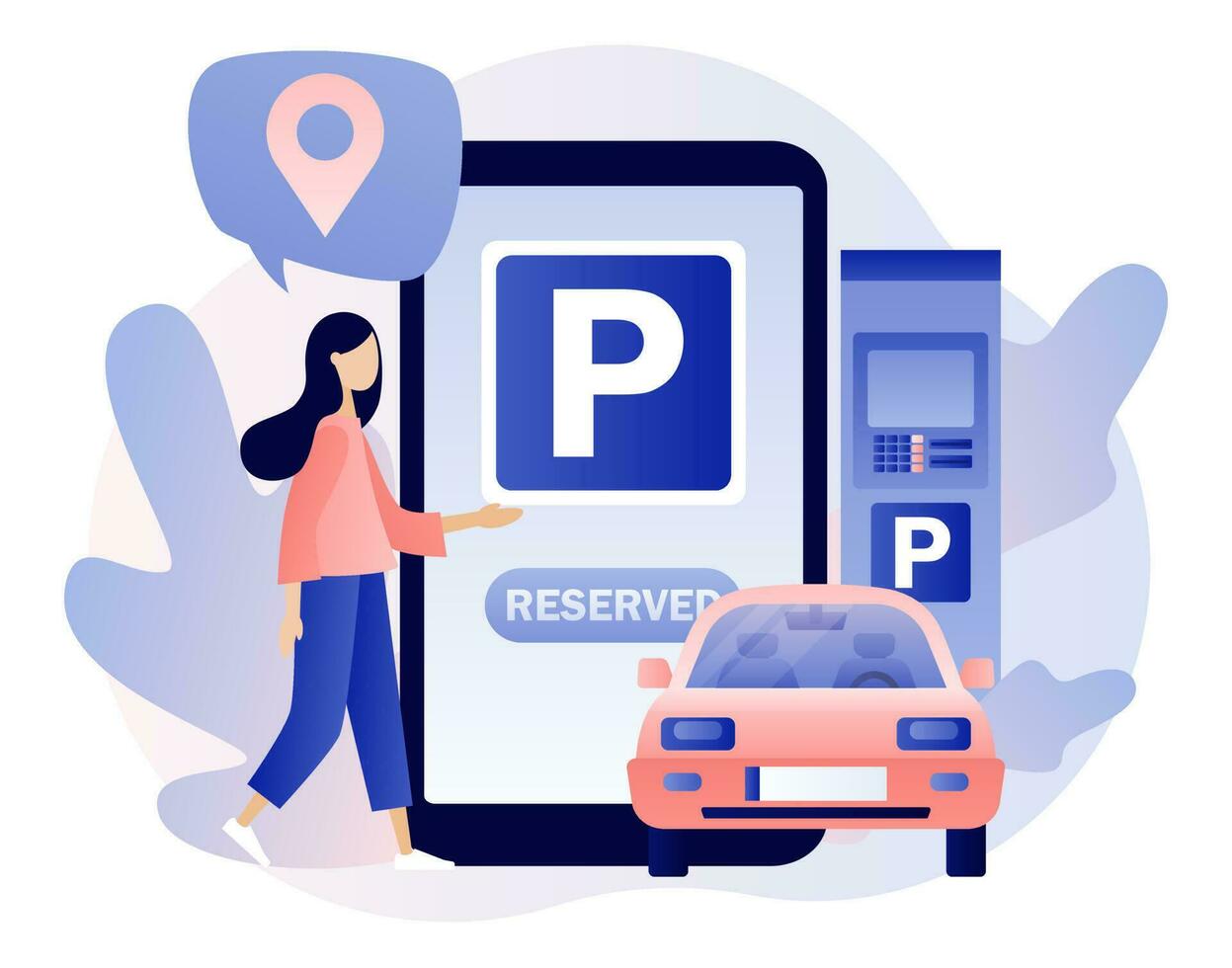 estacionamiento teléfono inteligente aplicación público estacionamiento. urbano transporte. minúsculo mujer mirando para estacionamiento lote para parque automóvil. moderno plano dibujos animados estilo. vector ilustración en blanco antecedentes